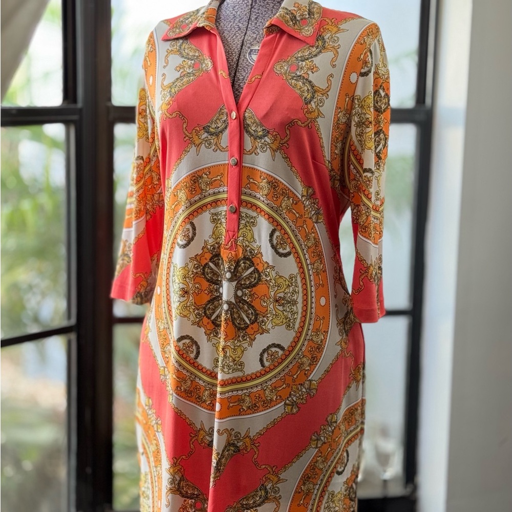 Sandra Darren Coral and Gold Maxi Dress Sz 8